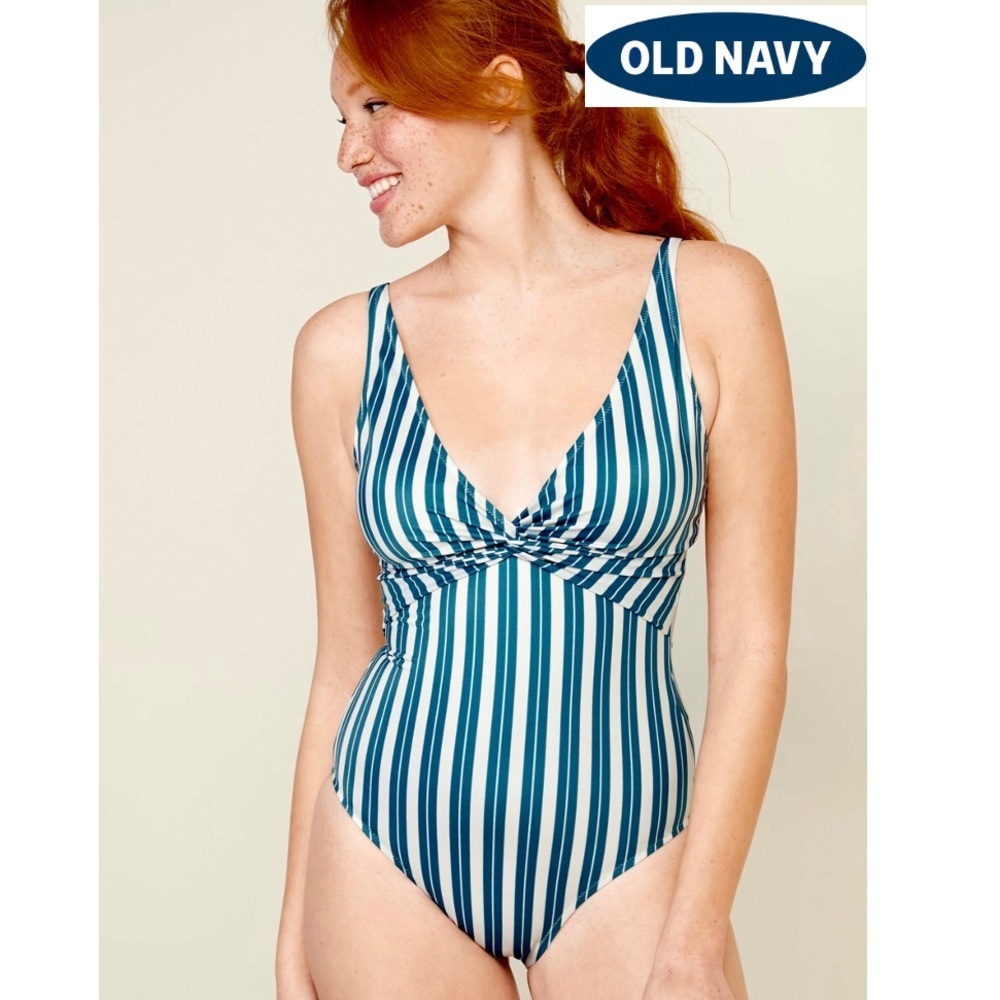 Old Navy Teal Striped Twist-Front One-Piece Swimsuit